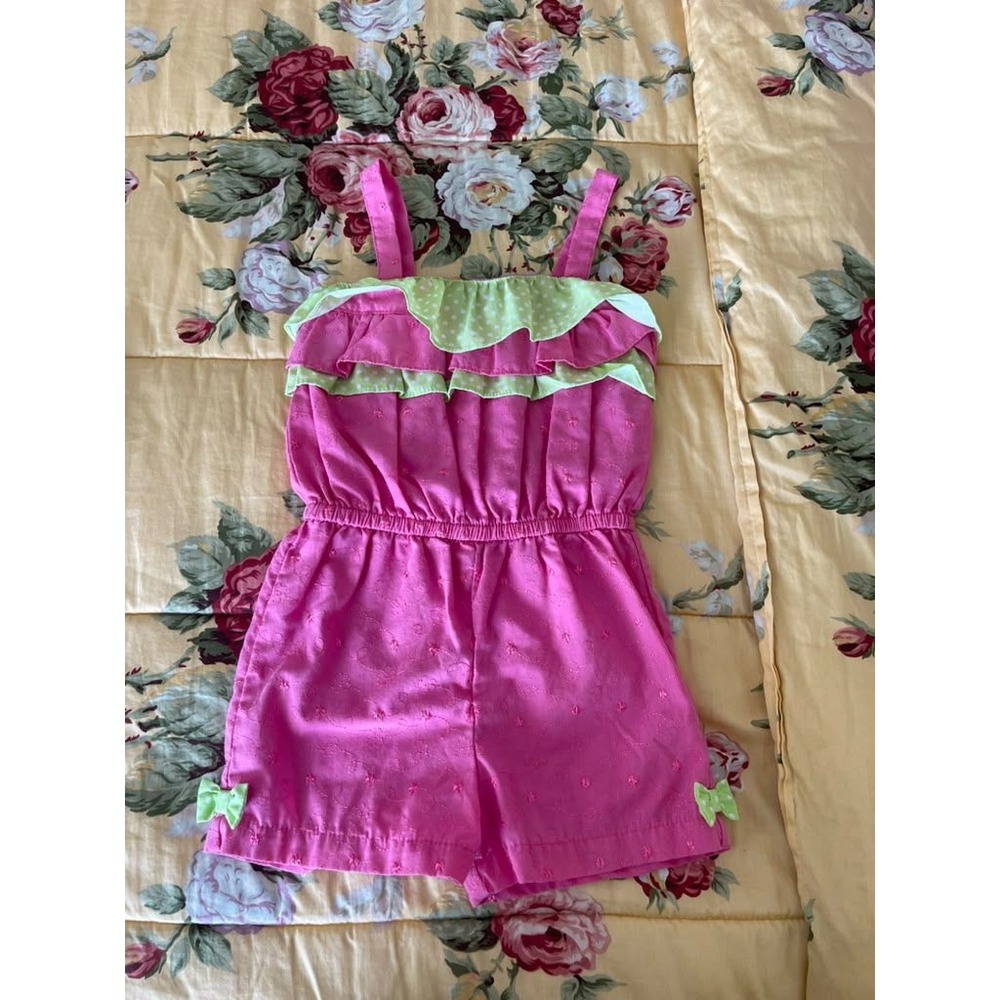 Penny M. Toddler Girls Pink Eyelet Ruffle Romper 4T Lime Green Polka Dot Trim